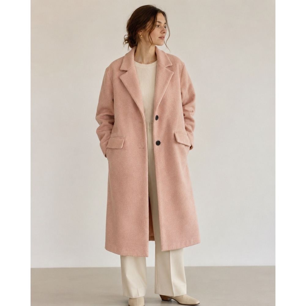 Bershka Women Blush Pink Long Coat Minimalist Quiet Luxury Two Button Overcoat L